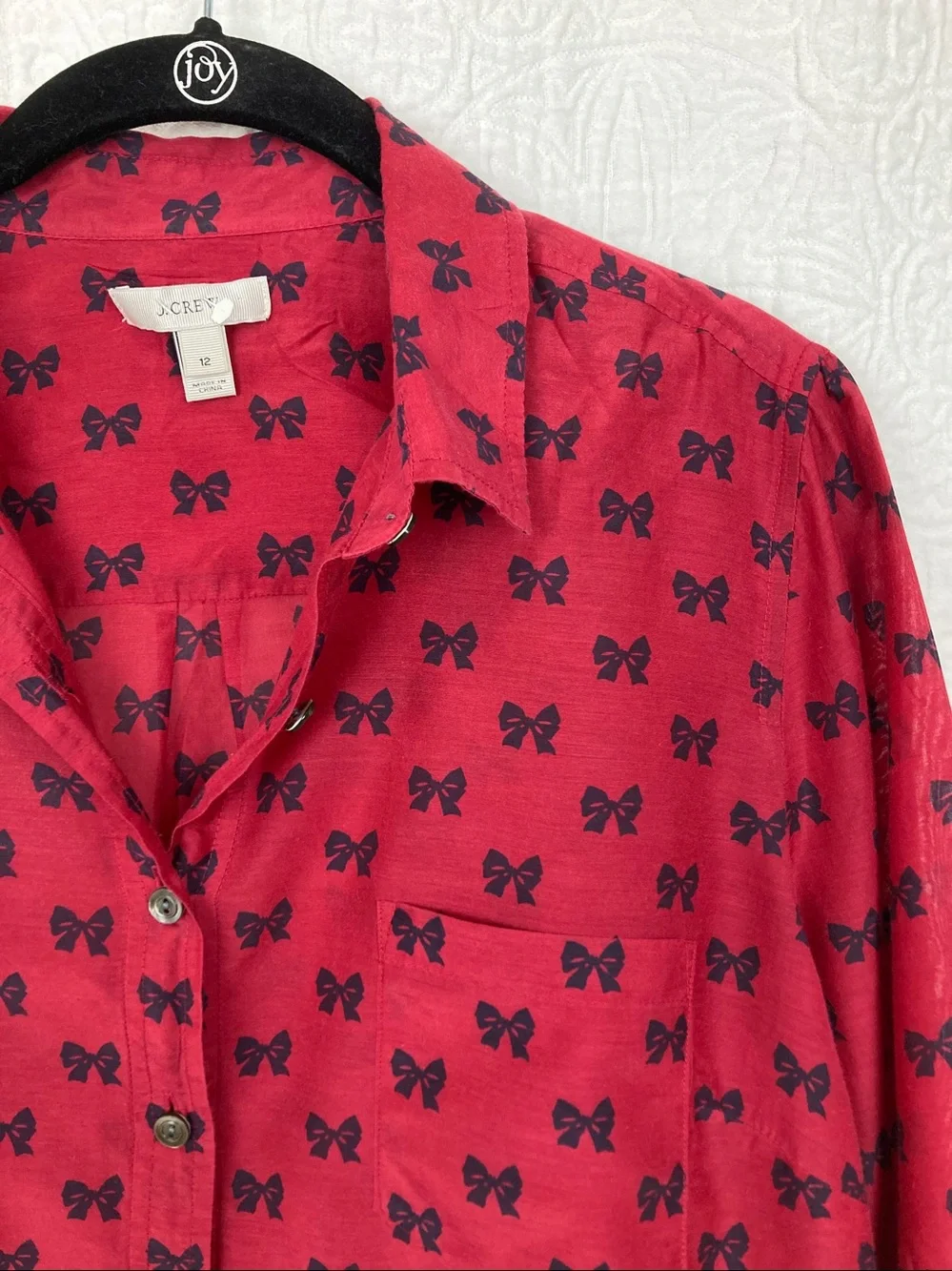 J.Crew Red Bow Print Cotton Silk Popover Blouse sz 12